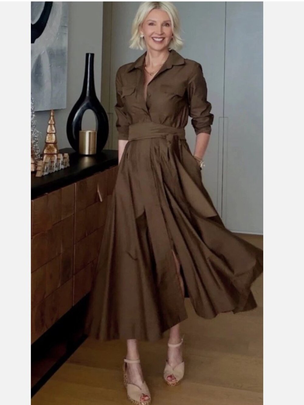 Zara Women POPLIN SHIRT DRESS DARK KHAKI BROWN S L 8622/654/507